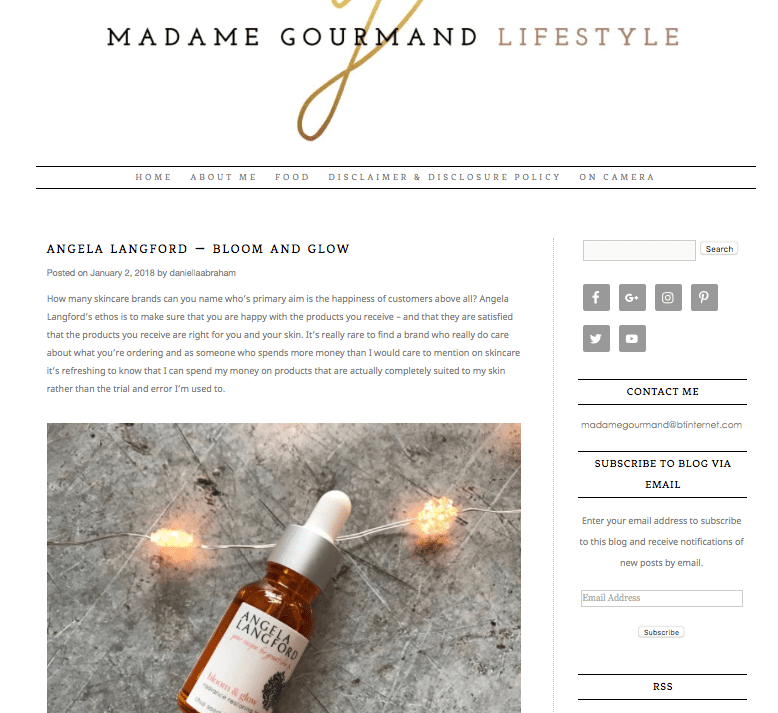 Madame Gourmand reviews Bloom & Glow face oil by Angela Langford Skincare